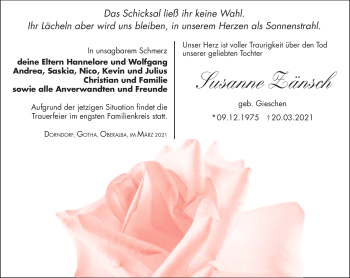 Traueranzeige von Susanne Zänsch von Südthüringer Presse