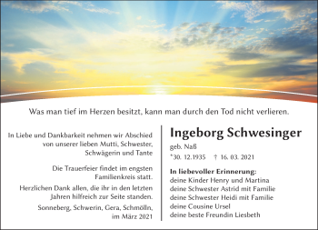 Traueranzeige von Ingeborg Schwesigner von Südthüringer Presse