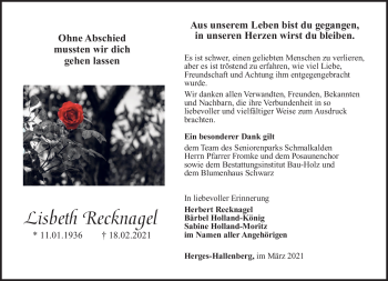 Traueranzeige von Lisbeth Recknagel von Südthüringer Presse