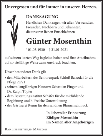 Traueranzeige von Günter Mosenthin von Südthüringer Presse