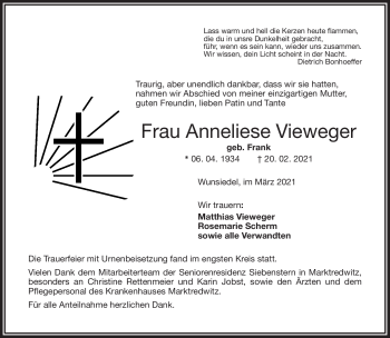 Traueranzeige von Anneliese Vieweger von Frankenpost