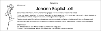 Traueranzeige von Johann Baptist Lell von Frankenpost