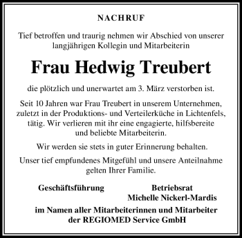 Traueranzeige von Hedwig Treubert von Neue Presse Coburg