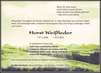 Traueranzeige von Horst Weißleder von Südthüringer Presse