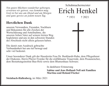 Traueranzeige von Erich Henkel von Südthüringer Presse