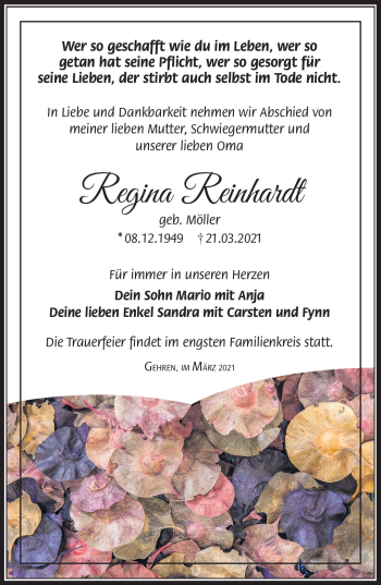 Traueranzeige von Regina Reinhardt von Südthüringer Presse