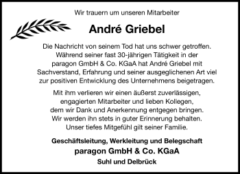Traueranzeige von André Griebel von Südthüringer Presse