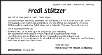 Traueranzeige von Fredi Stützer von Südthüringer Presse