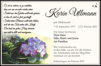 Traueranzeige von Karin Ullmann von Südthüringer Presse