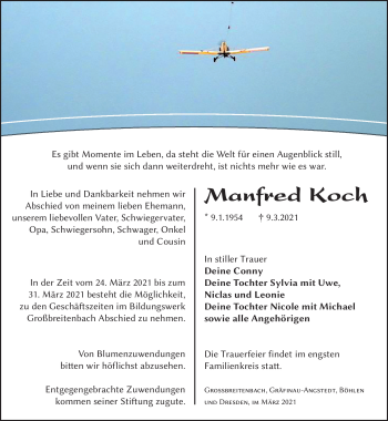 Traueranzeige von Manfred Koch von Südthüringer Presse