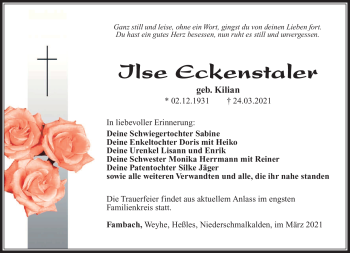 Traueranzeige von Ilse Eckenstaler von Südthüringer Presse