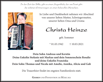 Traueranzeige von Christa Heinze von Südthüringer Presse