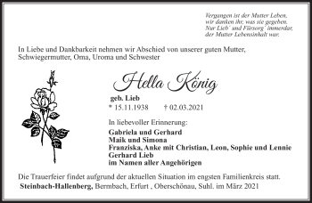 Traueranzeige von Hella König von Südthüringer Presse