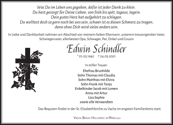 Traueranzeige von Edwin Schindler von Südthüringer Presse