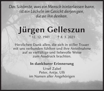Traueranzeige von Jürgen Gelleszun von Südthüringer Presse