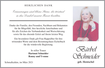 Traueranzeige von Bärbel Schneider von Südthüringer Presse