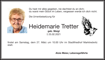 Traueranzeige von Heidemarie Tretter von Frankenpost