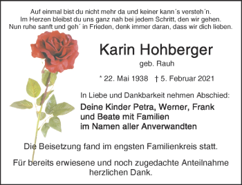 Traueranzeige von Karin Hohberger von Frankenpost