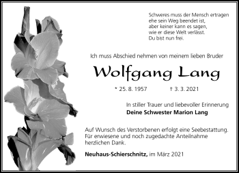 Traueranzeige von Wolfgang Lang von Südthüringer Presse