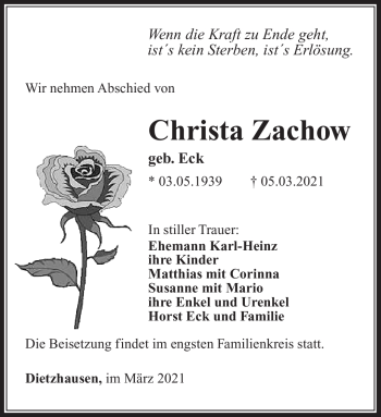 Traueranzeige von Christa Zachwo von Südthüringer Presse
