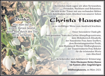 Traueranzeige von Christa Hause von Südthüringer Presse