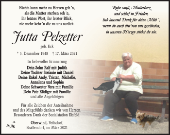 Traueranzeige von Jutta Pelzetter von Südthüringer Presse