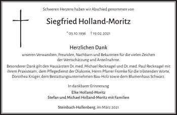 Traueranzeige von Siegfried Holland-Moritz von Südthüringer Presse