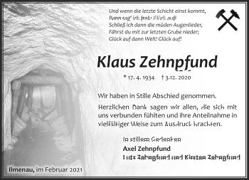 Traueranzeige von Klaus Zehnpfund von Südthüringer Presse