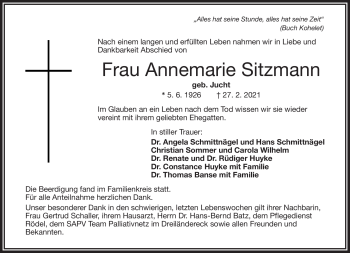 Traueranzeige von Annemarie Sitzmann von Frankenpost