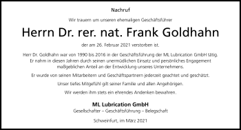 Traueranzeige von Dr. rer. nat. Frank Goldhahn von Südthüringer Presse