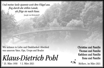 Traueranzeige von Klaus-Dietrich Pohl von Südthüringer Presse