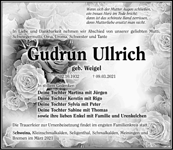 Traueranzeige von Gudrun Ullrich von Südthüringer Presse