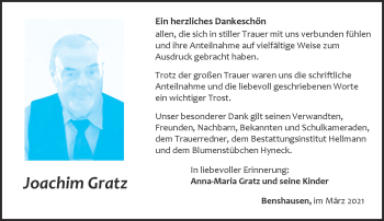 Traueranzeige von Joachim Gratz von Südthüringer Presse