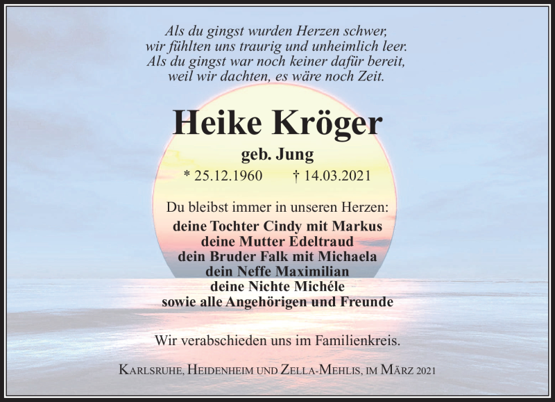  Traueranzeige für Heike Kröger vom 20.03.2021 aus Südthüringer Presse