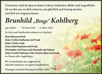 Traueranzeige von Brunhild Kohlberg von Südthüringer Presse