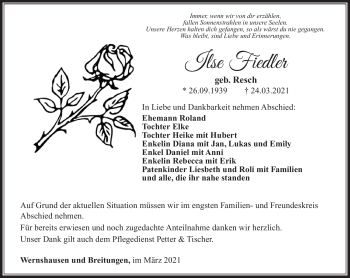 Traueranzeige von Ilse Fiedler von Südthüringer Presse