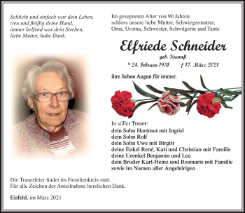 Traueranzeige von Elfriede Schneider von Südthüringer Presse