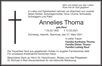 Traueranzeige von Annelies Thoma von Frankenpost