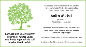 Traueranzeige von Anita Michel von Südthüringer Presse