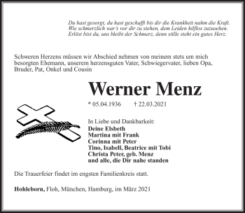 Traueranzeige von Werner Menz von Südthüringer Presse
