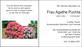 Traueranzeige von Agathe Puchta von Frankenpost