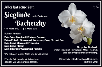 Traueranzeige von Sieglinde Bachetsky von Südthüringer Presse