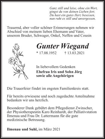 Traueranzeige von Gunter Wiegand von Südthüringer Presse