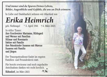 Traueranzeige von Erika Heimrich von Südthüringer Presse