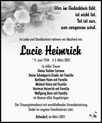Traueranzeige von Lucie Heimrich von Südthüringer Presse
