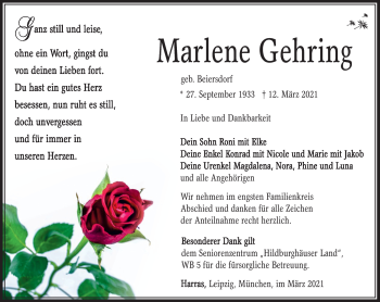 Traueranzeige von Marlene Gehring von Südthüringer Presse