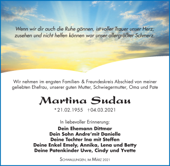 Traueranzeige von Martina Sudau von Südthüringer Presse
