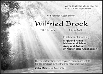 Traueranzeige von Wilfried Brock von Südthüringer Presse