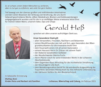 Traueranzeige von Gerald Heß von Südthüringer Presse