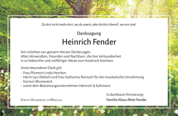 Traueranzeige von Heinrich Fender von Südthüringer Presse
